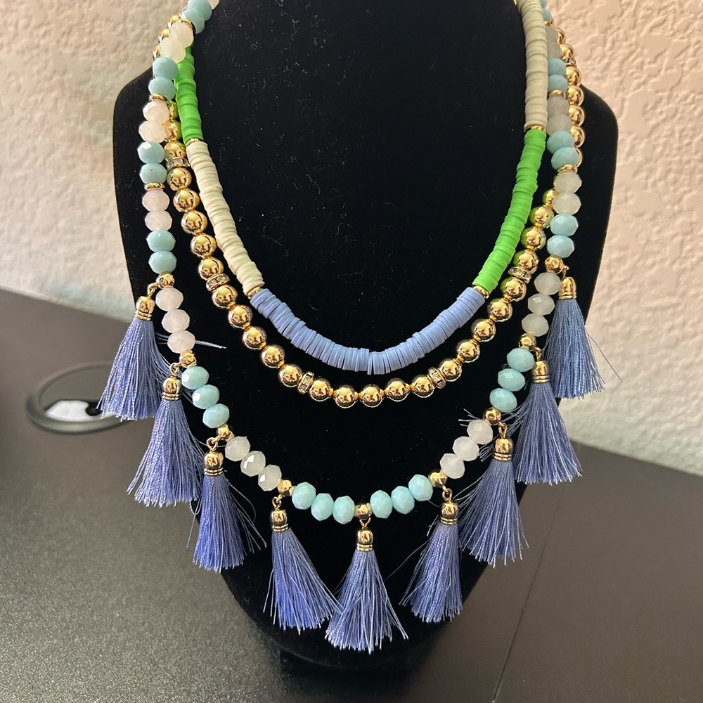 Lilly Pulitzer Lilly "HI SUMMER" Blue Green Beaded Triple Strand Necklace